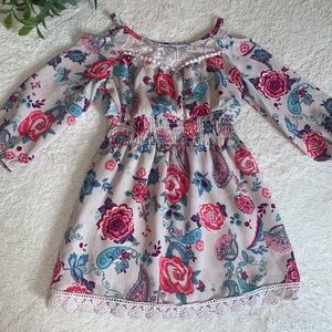 Zunie 4 Pink & Blue Floral Dress Lined Cold Shoulder *small flaw